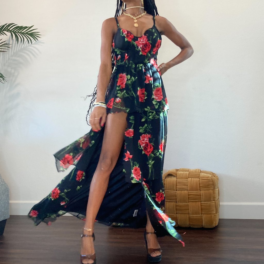 Elegant Raw Cut Rose Maxi Dress With High Slit”